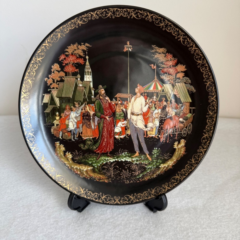 Vinogradoff Russian Legends Plate 7.5in Black The Priest and His Servant Balda